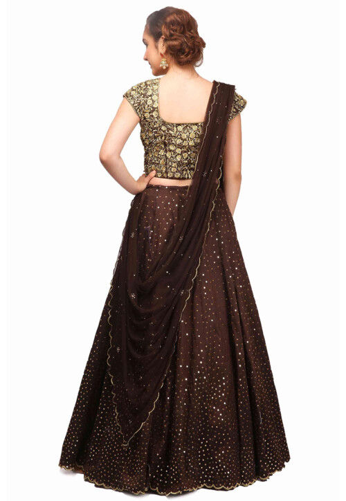 Embroidered Raw Silk Lehenga in Brown