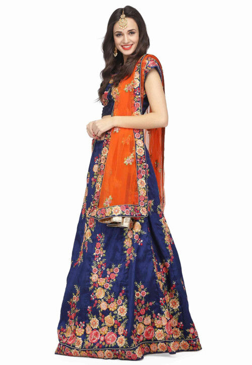 Embroidered Raw Silk Lehenga in Dark Blue