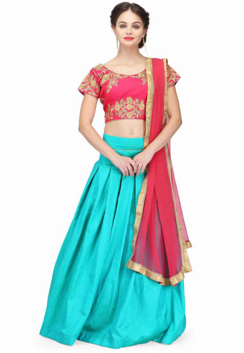 Embroidered Raw Silk Lehenga in Turquoise