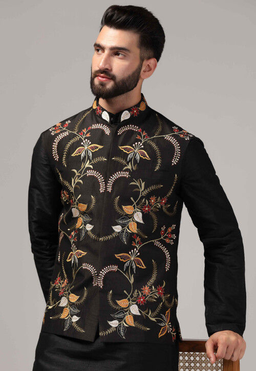 Embroidered Raw Silk Nehru Jacket in Black