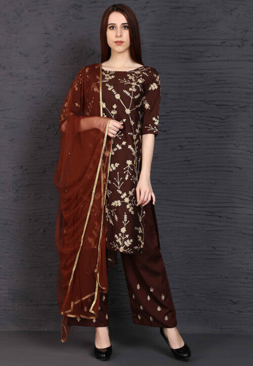 Embroidered Raw Silk Pakistani Suit in Brown