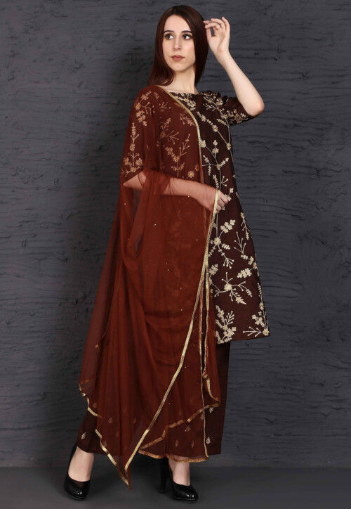 Embroidered Raw Silk Pakistani Suit in Brown