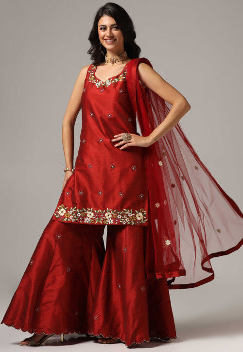 Embroidered Raw Silk Pakistani Suit in Maroon