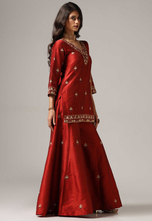 Embroidered Raw Silk Pakistani Suit in Maroon