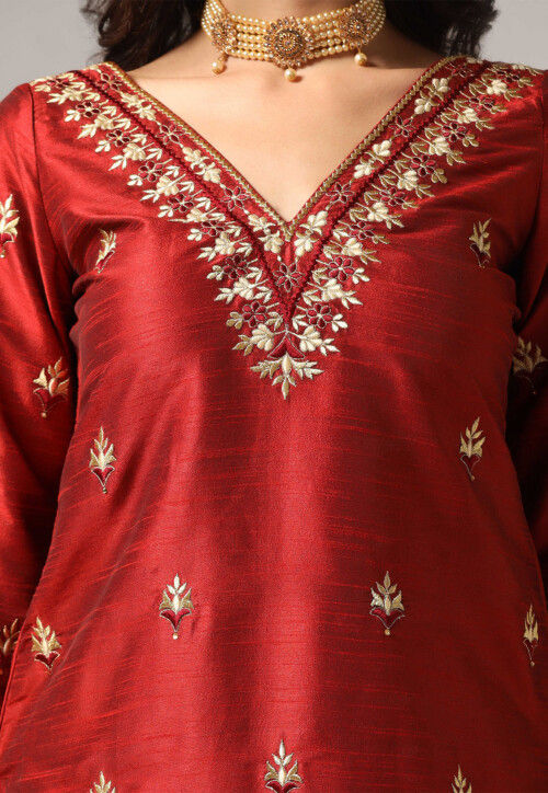 Embroidered Raw Silk Pakistani Suit in Maroon