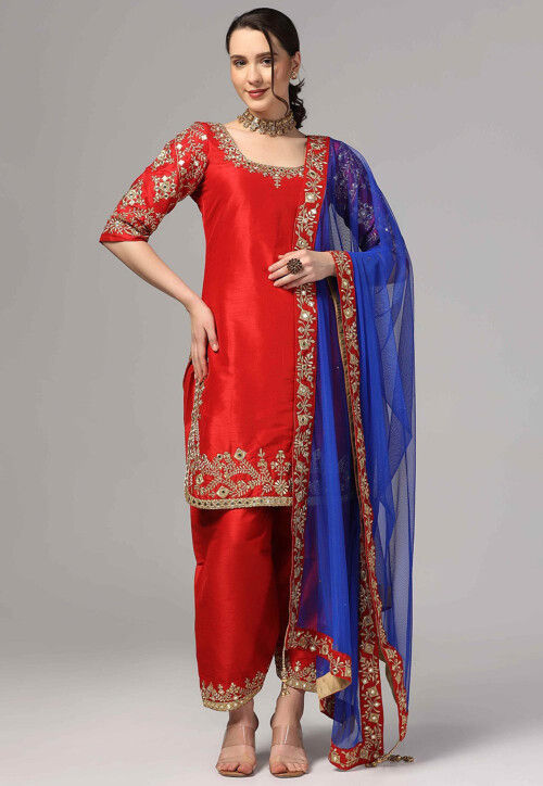 fitted lace wedding dress Crimson Red Raw Silk Long Dress With Dupatta – Aari Tari main image 0