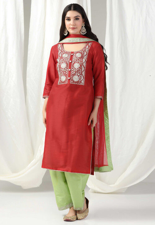 Embroidered Raw Silk Pakistani Suit in Red