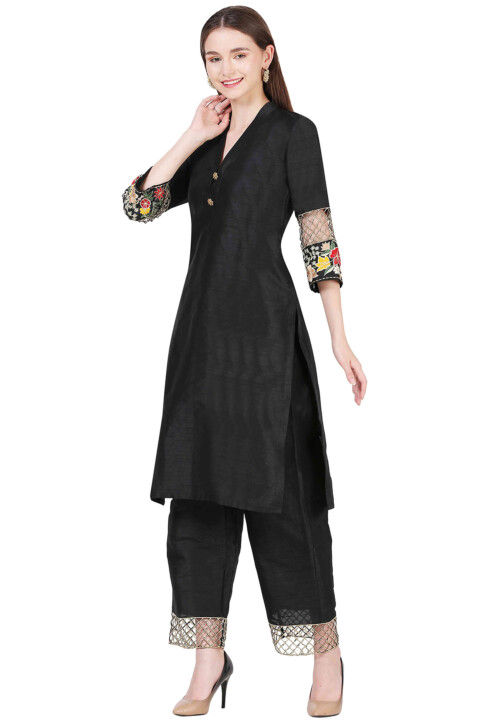 Embroidered Raw Silk Straight Kurta Set in Black