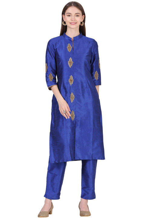 Embroidered Raw Silk Straight Kurta Set in Royal Blue