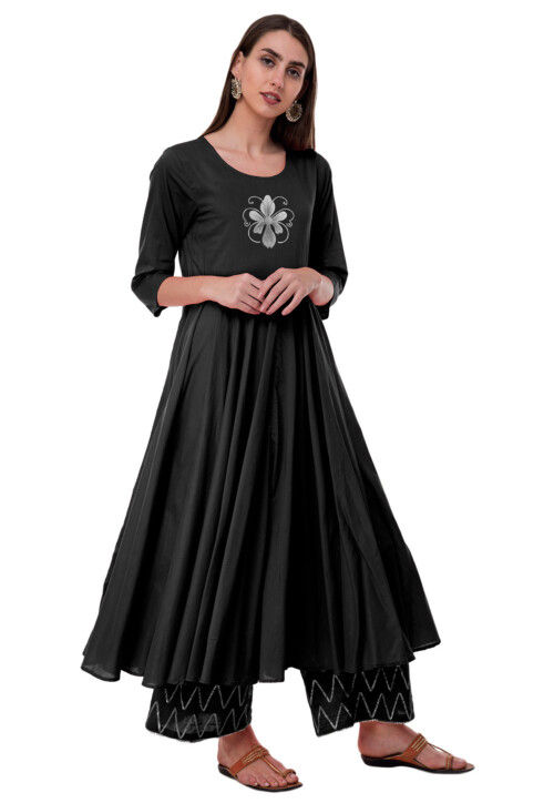 Embroidered Rayon A Line Kurta in Black