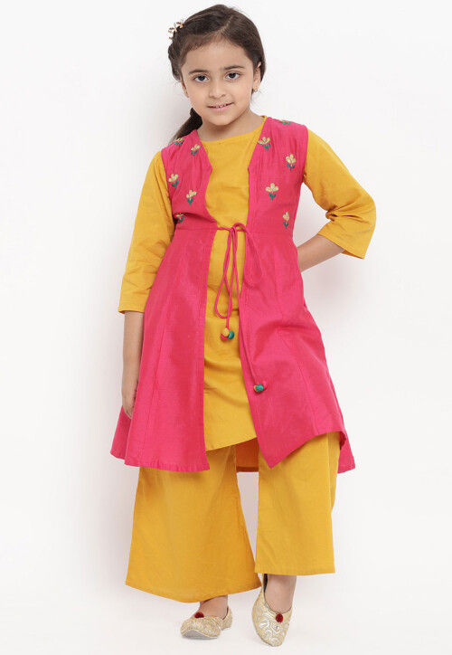 Embroidered Rayon A Line Kurta Set in Mustard