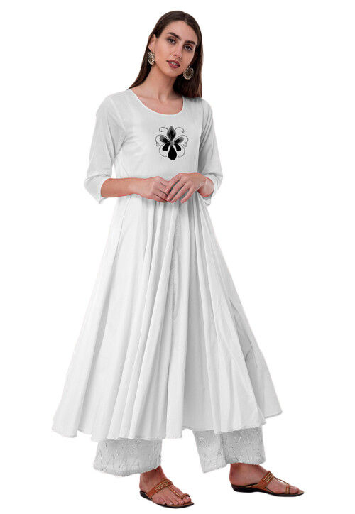 Embroidered Rayon A Line Kurta Set in White