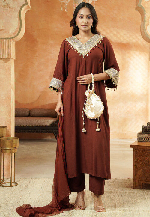 Pakistani Velvet Dress Design Utsav Fashion Embroidered Rayon A Line Suit  In Brown