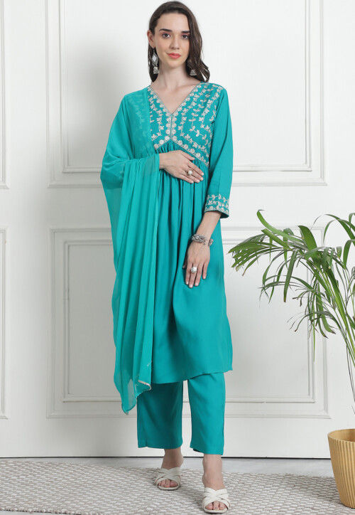 Embroidered Rayon A Line suit in Turquoise