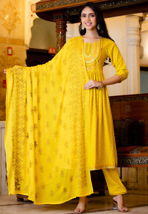 Embroidered Rayon A Line Suit in Yellow