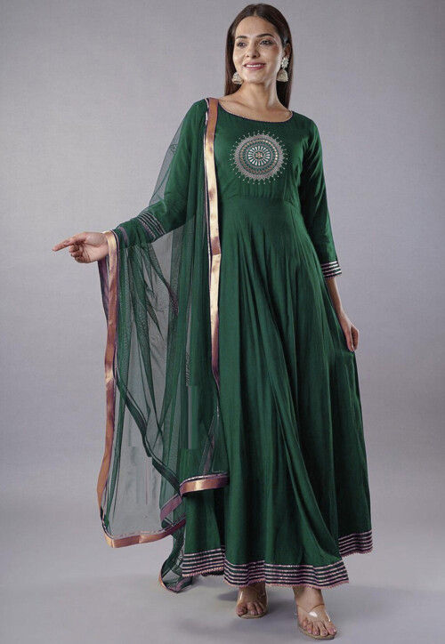 Embroidered Rayon Abaya Style Suit in Dark Green