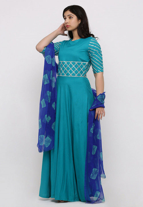 Embroidered Rayon Abaya Style Suit in Teal Green