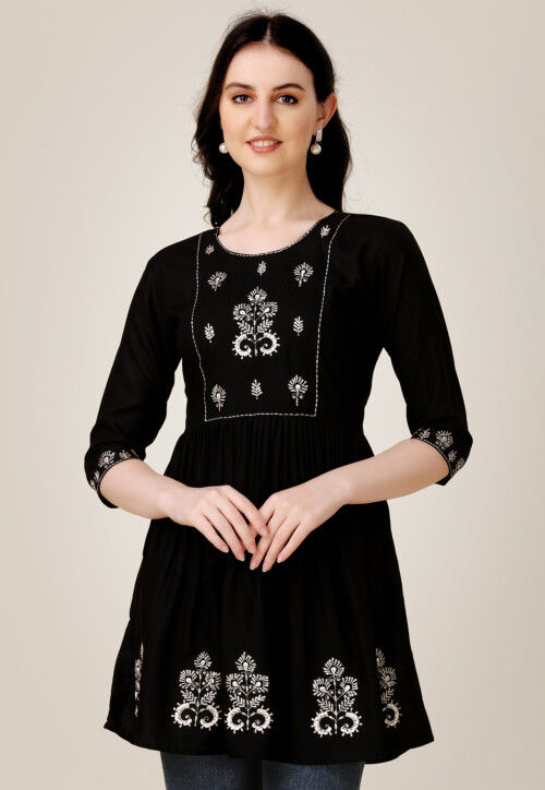 Embroidered Rayon Aline Kurti in Black