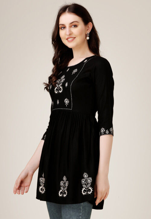 Embroidered Rayon Aline Kurti in Black