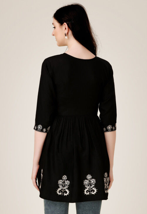 Embroidered Rayon Aline Kurti in Black