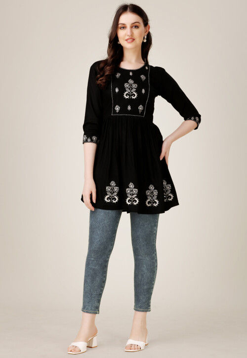 Embroidered Rayon Aline Kurti in Black