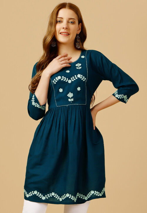 Embroidered Rayon Aline Kurti in Teal Blue