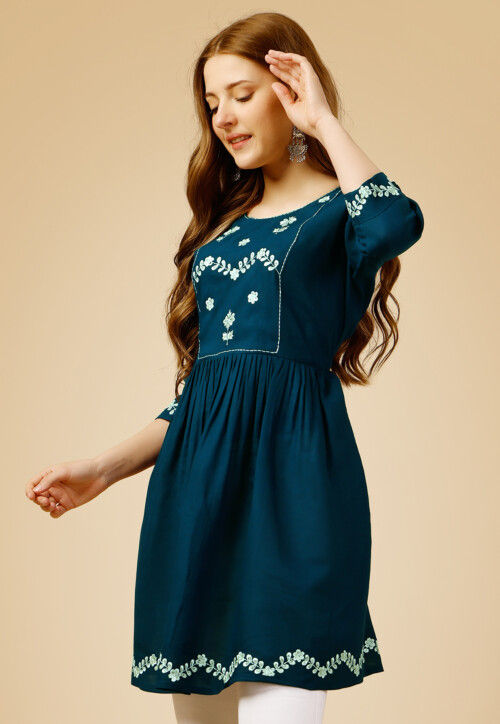 Embroidered Rayon Aline Kurti in Teal Blue