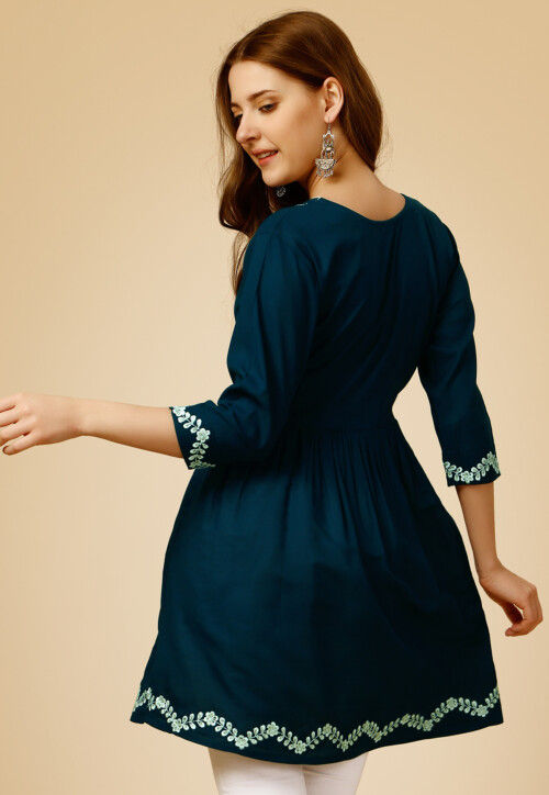 Embroidered Rayon Aline Kurti in Teal Blue