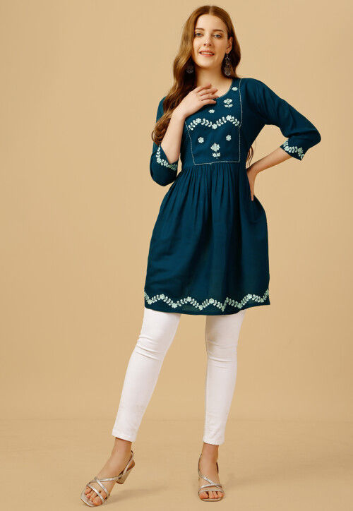 Embroidered Rayon Aline Kurti in Teal Blue