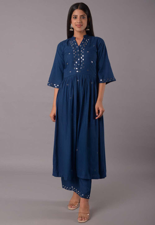 Embroidered Rayon Aline Suit in Teal Blue