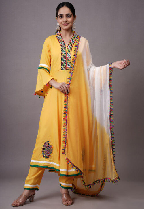 Embroidered Rayon Aline Suit in Yellow