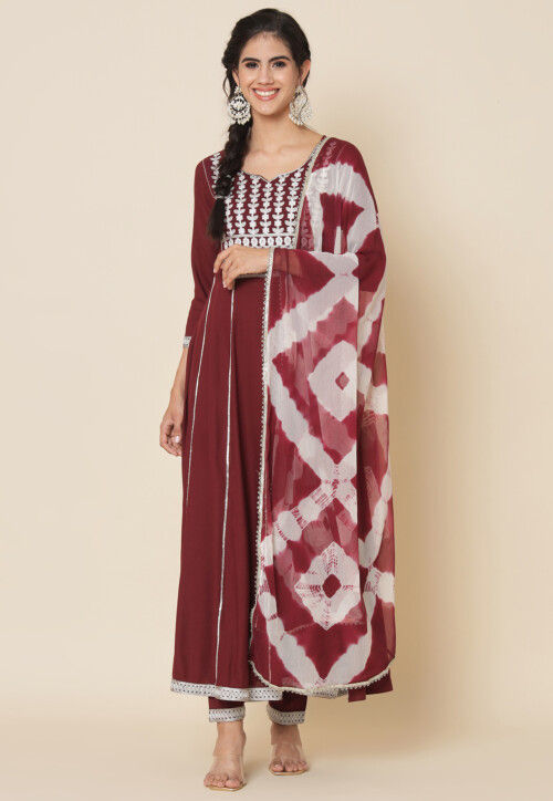 Embroidered Rayon Anarkali Suit in Maroon