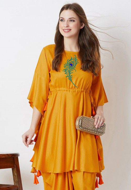 Embroidered Rayon Cinched Waist A Line Kurta in Mustard