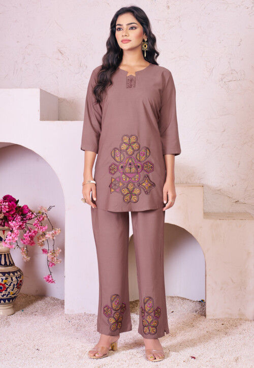 Embroidered Rayon Co Ord Set in Brown