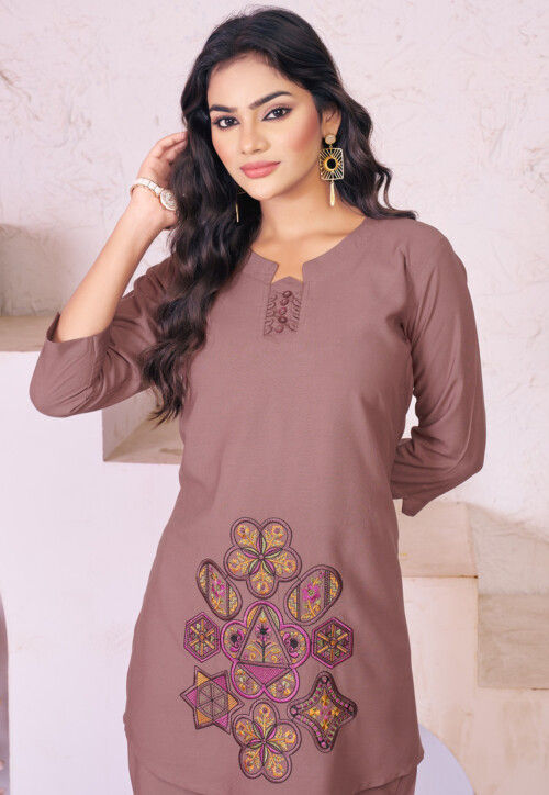 Embroidered Rayon Co Ord Set in Brown