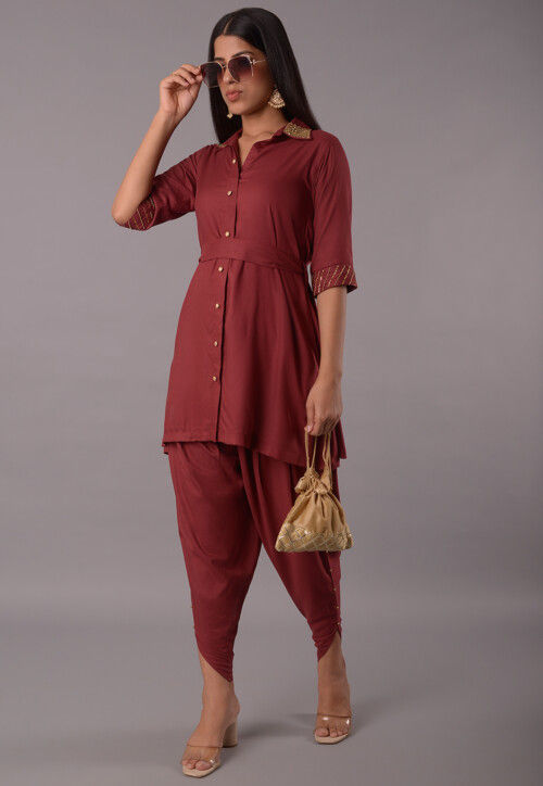 Women's Maroon Printed Rayon Co-Ord Set With Relaxed Fit Pant For Casual Indo-Western Wear