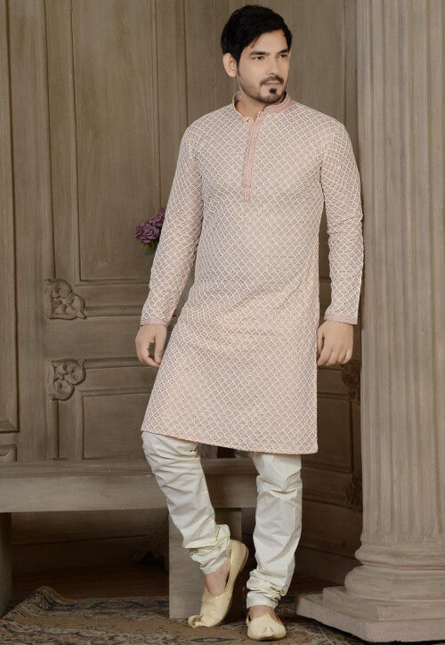 Embroidered Rayon Cotton Kurta Set in Peach