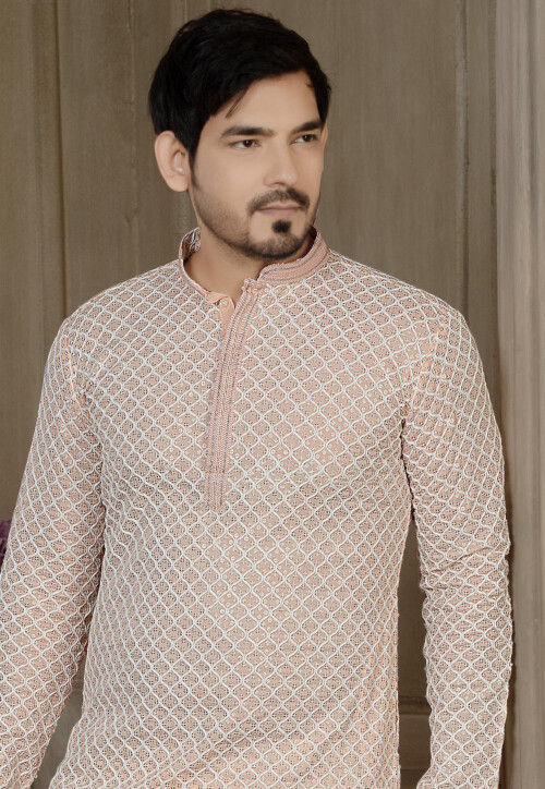 Embroidered Rayon Cotton Kurta Set in Peach