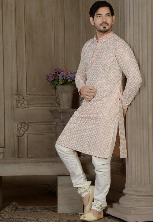 Embroidered Rayon Cotton Kurta Set in Peach