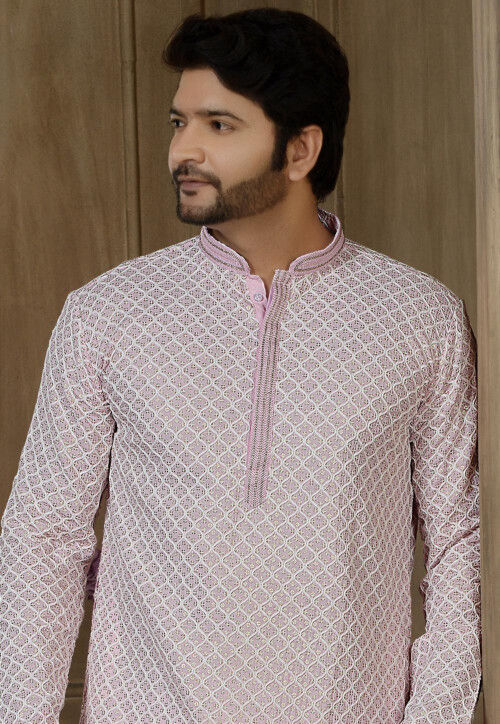 Embroidered Rayon Cotton Kurta Set in Pink