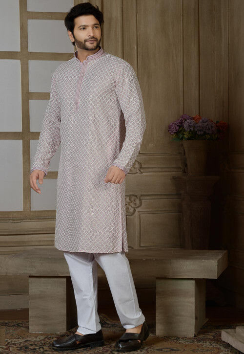 Embroidered Rayon Cotton Kurta Set in Pink