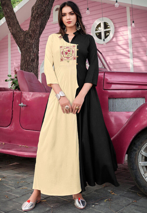 Embroidered Rayon Dress in Cream and Black