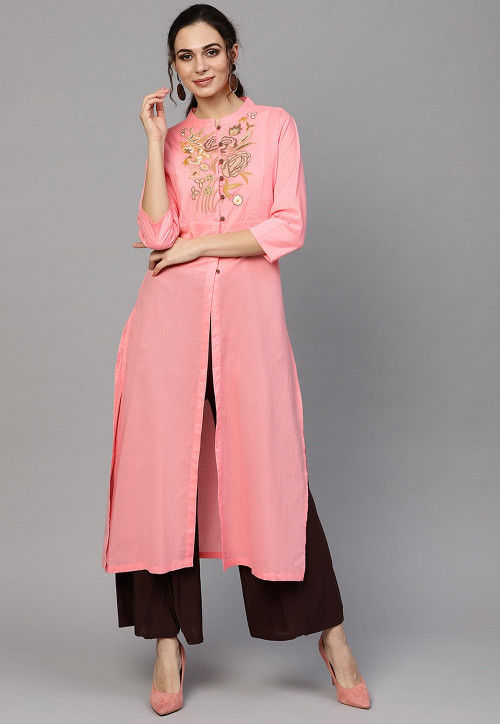 Embroidered Rayon Front Slitted Kurta Set in Pink : TVE421