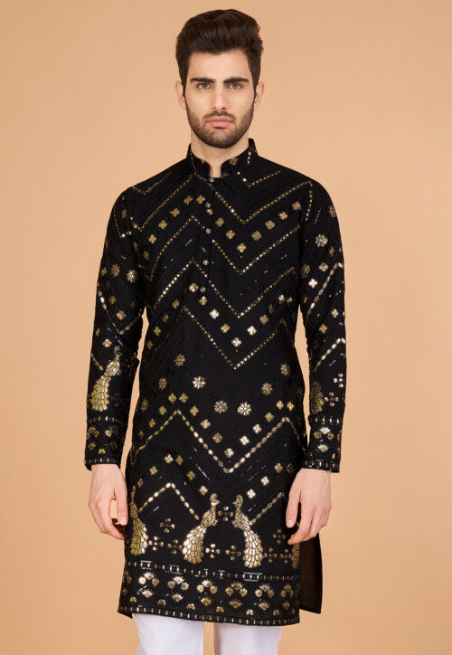 Embroidered Rayon Kurta in Black