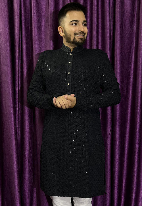 Embroidered Rayon Kurta in Black