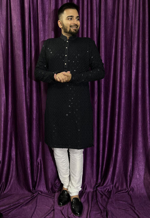 Embroidered Rayon Kurta in Black