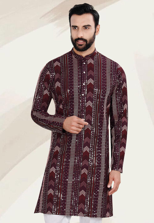 Embroidered Rayon Kurta in Maroon