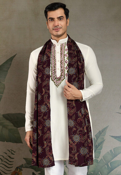 Embroidered Rayon Kurta in Off White