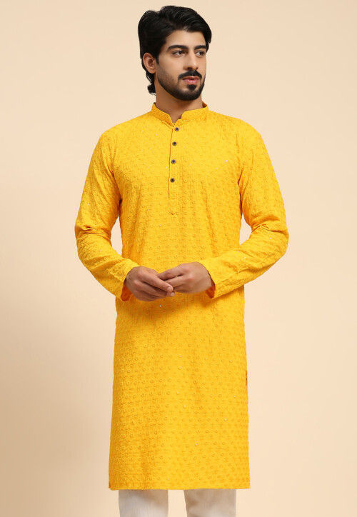 Embroidered Rayon Kurta in Yellow