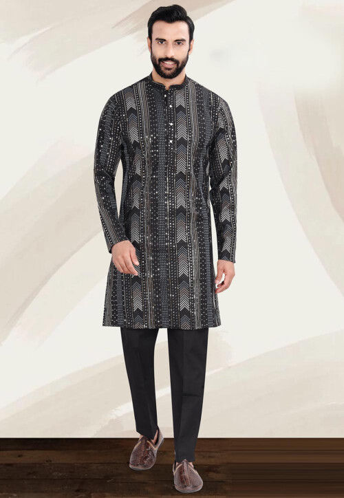 Embroidered Rayon Kurta Set in Black